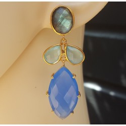 Vergulde oorbellen met Labradoriet, aqua en blauw Chalcedoon