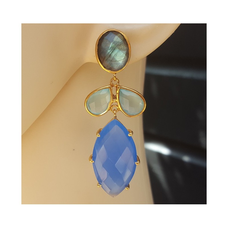 Vergulde oorbellen met Labradoriet, aqua en blauw Chalcedoon