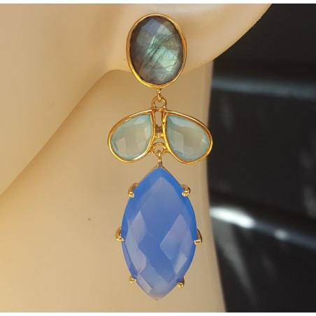 Vergulde oorbellen met Labradoriet, aqua en blauw Chalcedoon