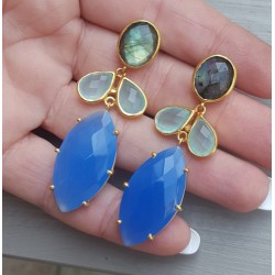 Vergulde oorbellen met Labradoriet, aqua en blauw Chalcedoon