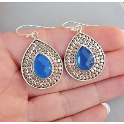 Zilveren oorbellen met facet blauw Chalcedoon Large