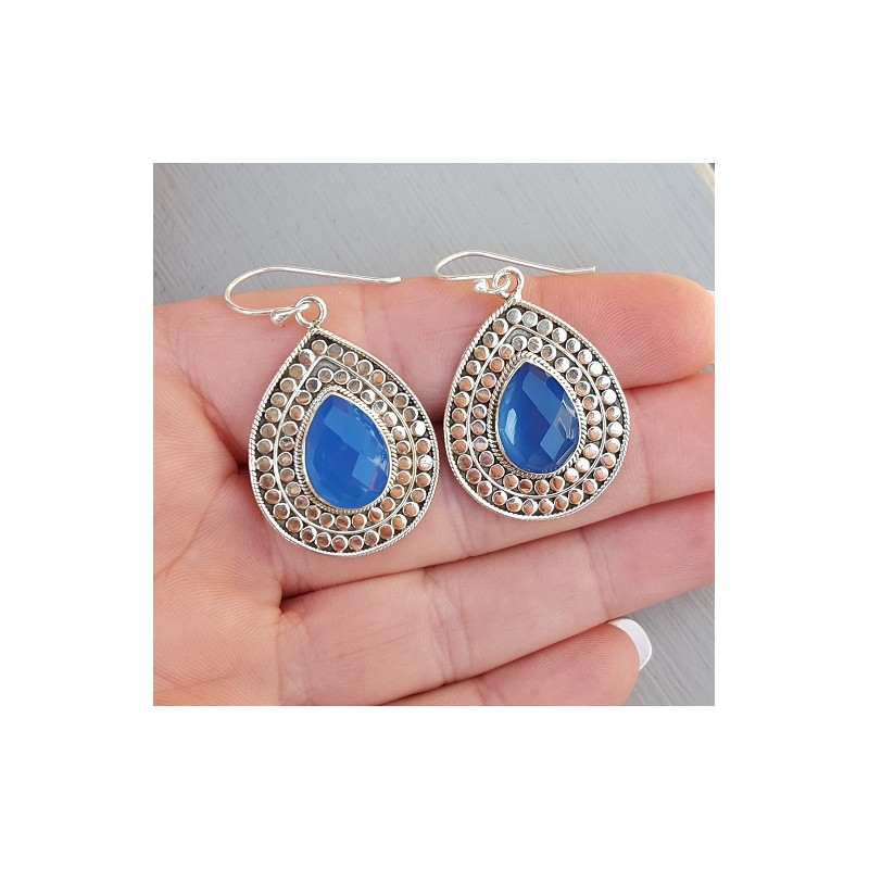 Zilveren oorbellen met facet blauw Chalcedoon Large