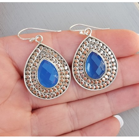 Zilveren oorbellen met facet blauw Chalcedoon Large