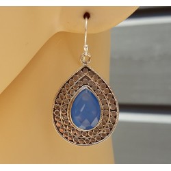 Zilveren oorbellen met facet blauw Chalcedoon Large