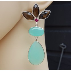 Zilveren oorbellen met Smokey Topaas en aqua Chalcedoon