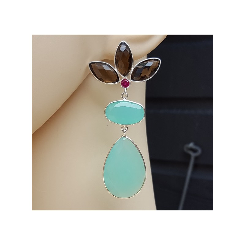 Zilveren oorbellen met Smokey Topaas en aqua Chalcedoon