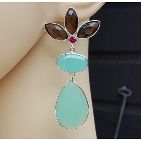 Zilveren oorbellen met Smokey Topaas en aqua Chalcedoon