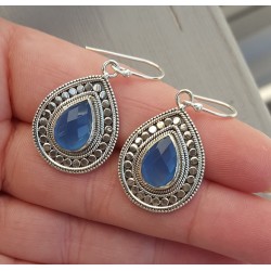 Zilveren oorbellen met druppelvormige blauw Chalcedoon Small