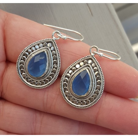 Zilveren oorbellen met druppelvormige blauw Chalcedoon Small