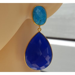 Vergulde oorbellen met Turkoois en blauw Chalcedoon
