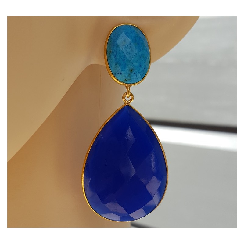 Vergulde oorbellen met Turkoois en blauw Chalcedoon