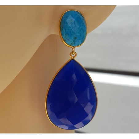 Vergulde oorbellen met Turkoois en blauw Chalcedoon