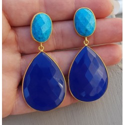 Vergulde oorbellen met Turkoois en blauw Chalcedoon