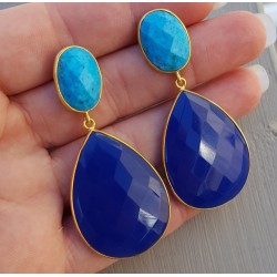 Vergulde oorbellen met Turkoois en blauw Chalcedoon