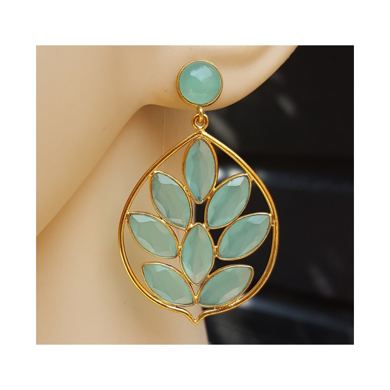 Vergulde oorbellen met ronde en marquise aqua Chalcedoon