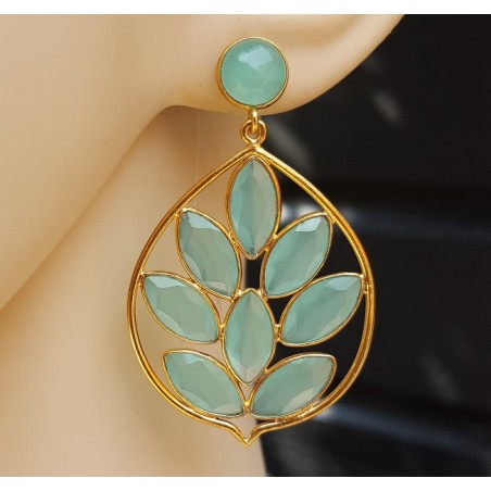 Vergulde oorbellen met ronde en marquise aqua Chalcedoon