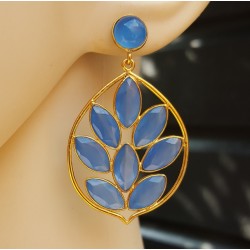 Vergulde oorbellen met ronde en marquise blauw Chalcedoon