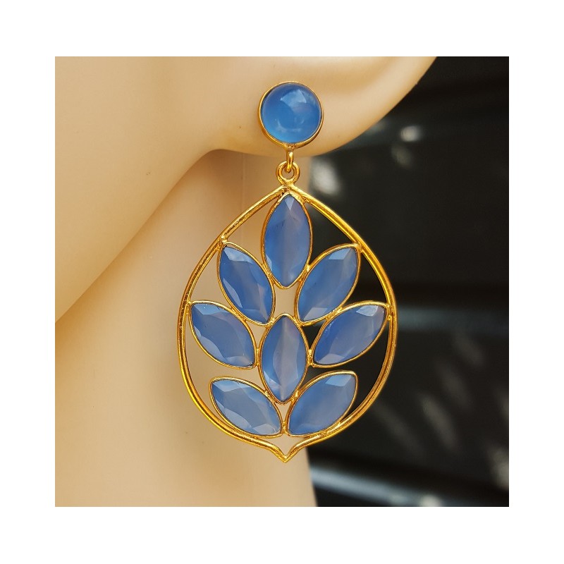 Vergulde oorbellen met ronde en marquise blauw Chalcedoon