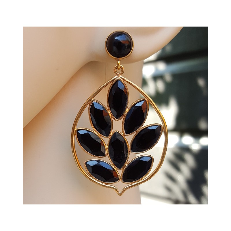 Vergulde oorbellen met ronde en marquise zwarte Onyx