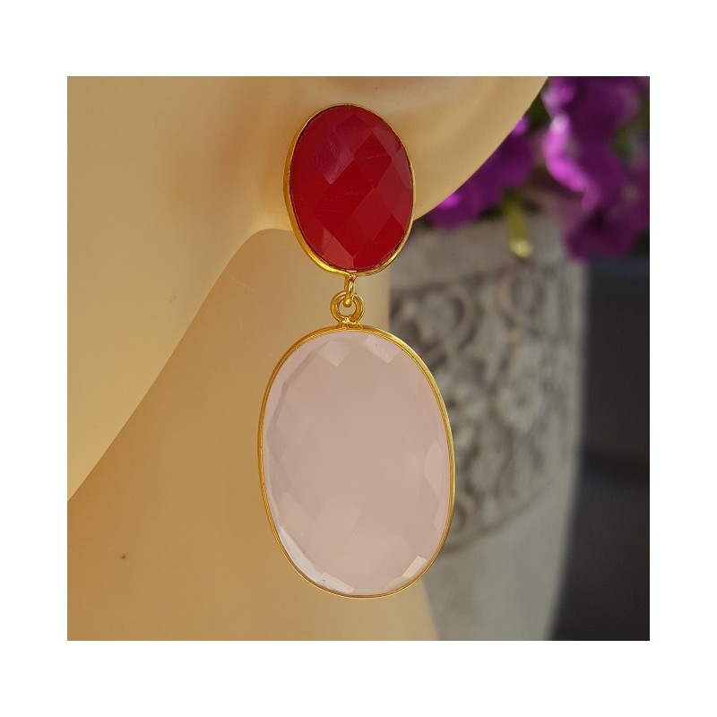 Vergulde oorbellen met fuchsia roze en roze Chalcedoon