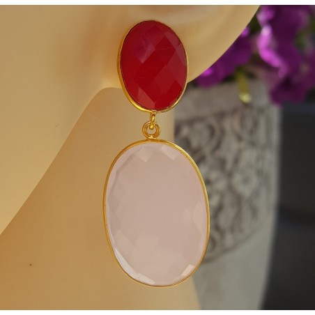 Vergulde oorbellen met fuchsia roze en roze Chalcedoon