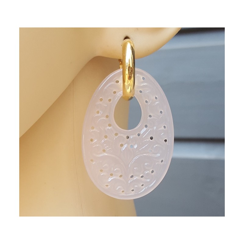 Creolen met ovale filligree /uitgesneden hanger licht roze Agaat