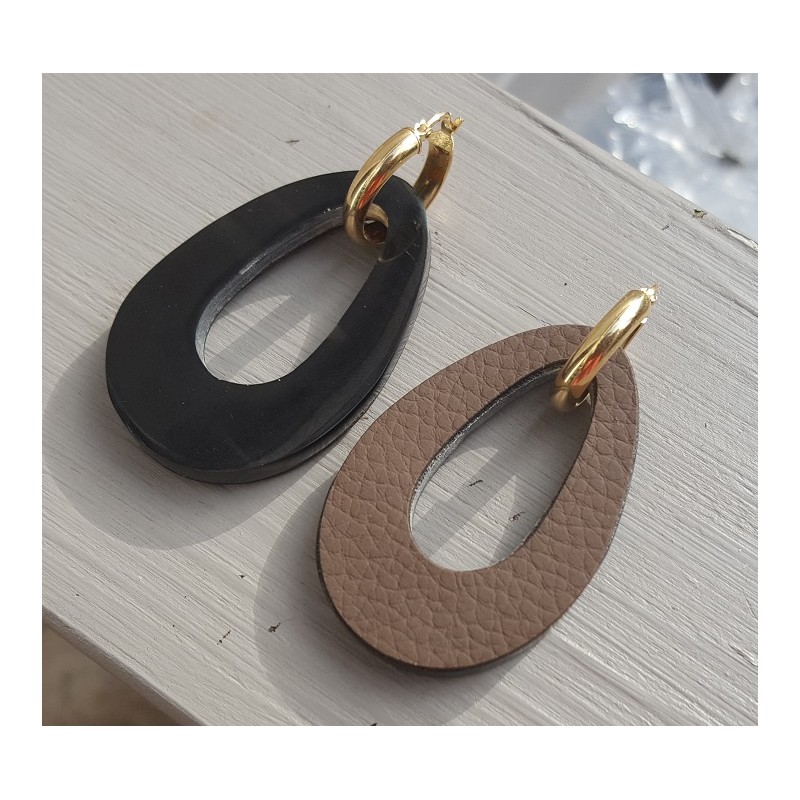 Creolen met Buffelhoorn hanger dubbel wear zwart / bruin leer