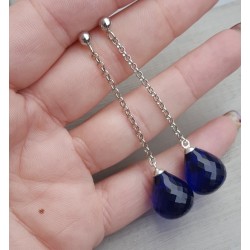 Lange oorbellen met grote Saffier blauwe quartz briolet