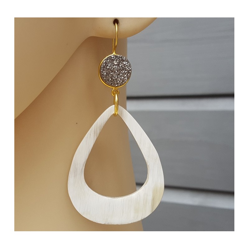 Vergulde oorbellen druzy Titanium en Buffelhoorn druppel