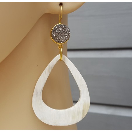 Vergulde oorbellen druzy Titanium en Buffelhoorn druppel