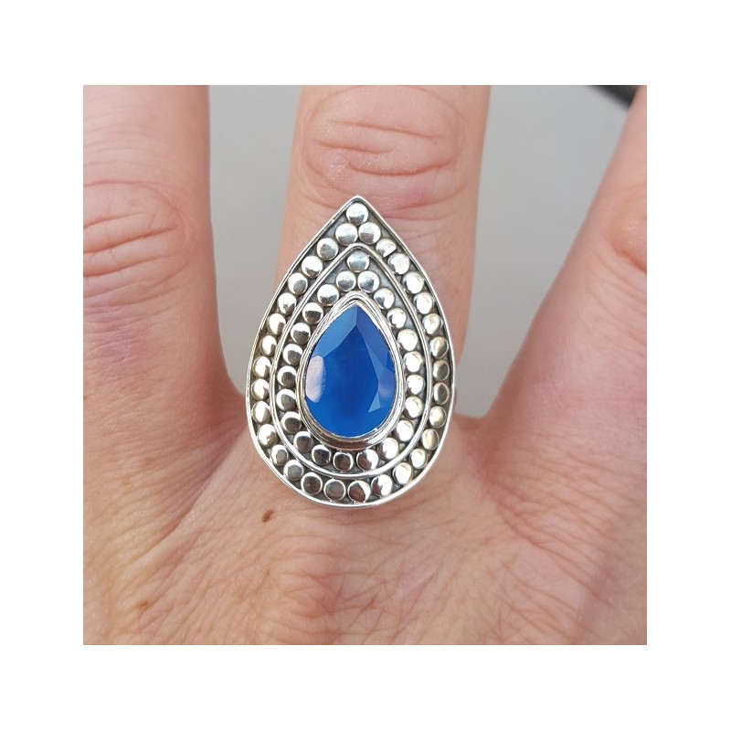 Zilveren ring druppelvormige blauw Chalcedony verstelbaar