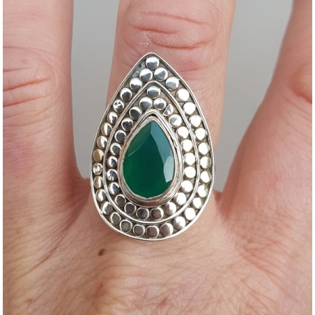 Zilveren ring druppelvormige groene Onyx verstelbaar