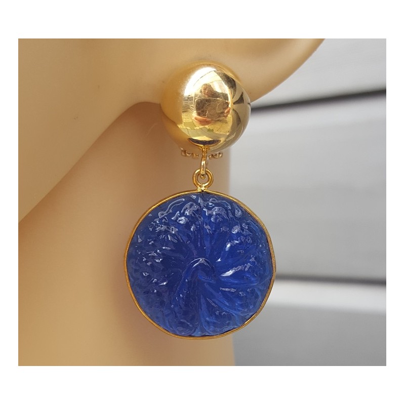 Vergulde oorbellen met ronde uitgesneden blauw Chalcedoon