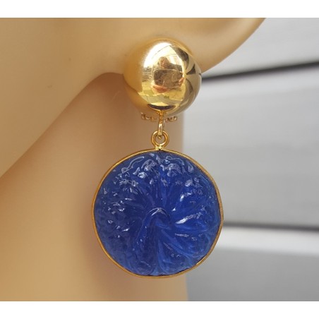 Vergulde oorbellen met ronde uitgesneden blauw Chalcedoon