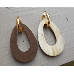 Creolen met Buffelhoorn hanger dubbel wear blank/ bruin leer