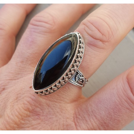 Zilveren ring met marquise Onyx in bewerkte setting 19