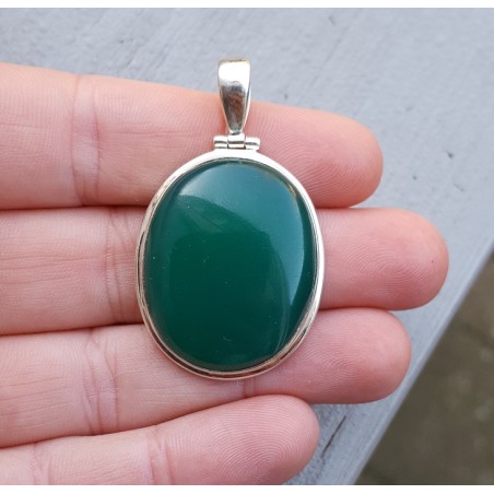 Zilveren hanger met brede ovale cabochon groene Onyx