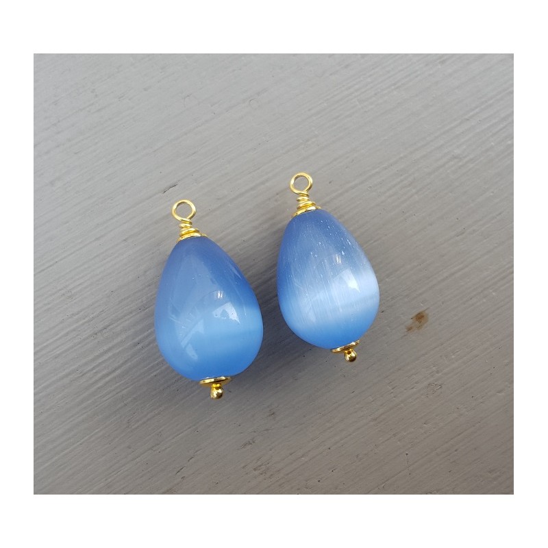Vergulde losse hanger set met blauwe Kattenoog