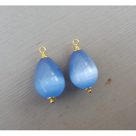 Vergulde losse hanger set met blauwe Kattenoog