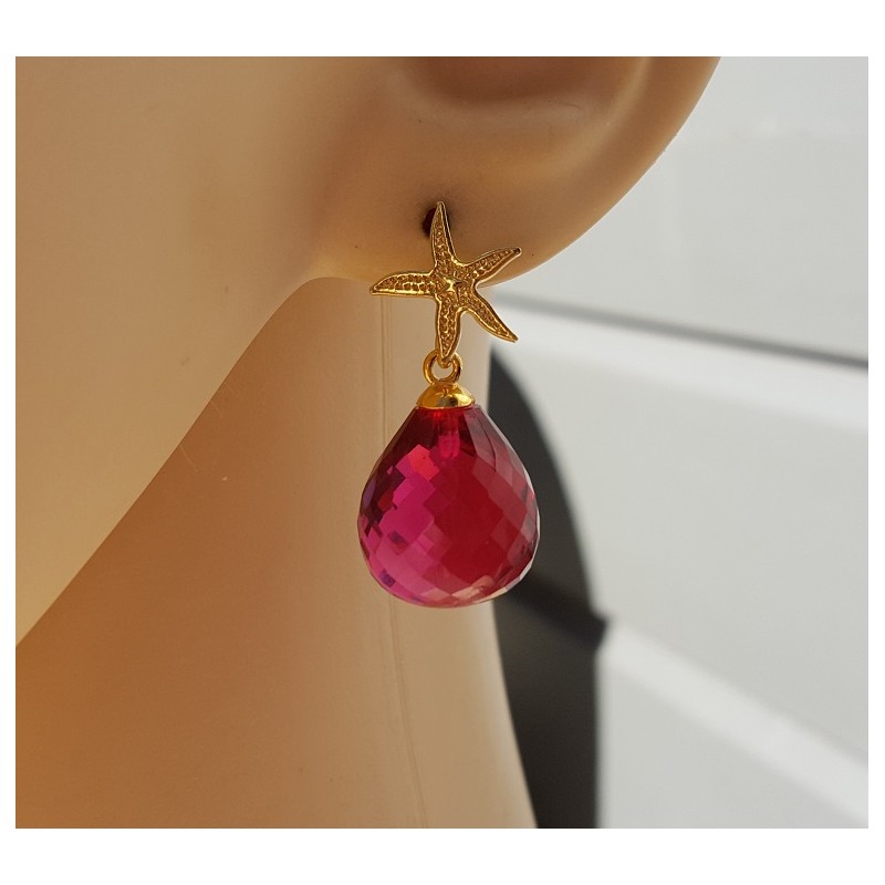 Oorbellen met zeester en roze Toermalijn quartz briolet