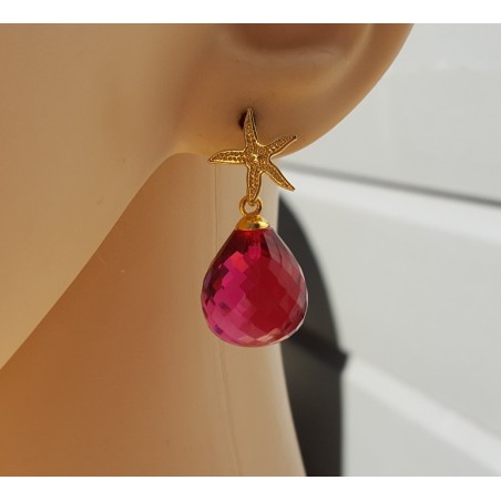 Oorbellen met zeester en roze Toermalijn quartz briolet