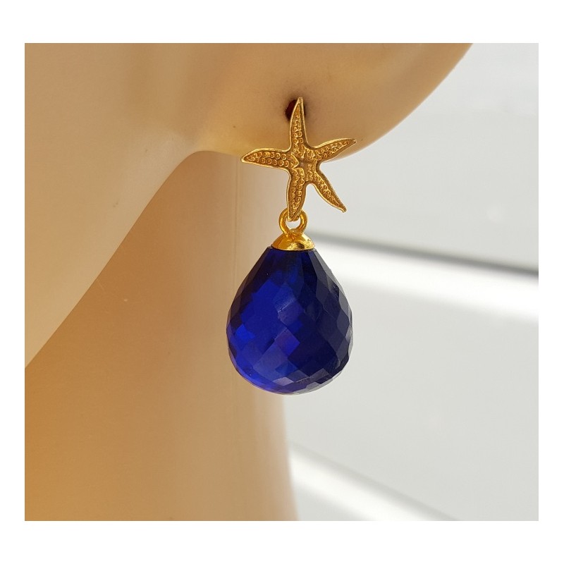 Oorbellen met zeester en Saffier blauwe quartz briolet