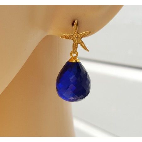 Oorbellen met zeester en Saffier blauwe quartz briolet