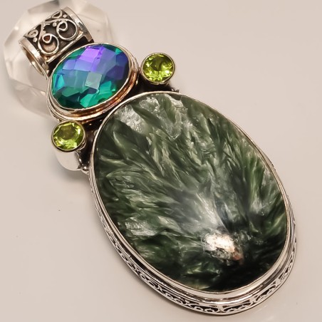 Zilveren edelsteen hanger vintage met Seraphiniet en Peridot