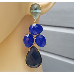 Vergulde oorbellen met Topaas, Chalcedoon en Saffier blauwe quartz