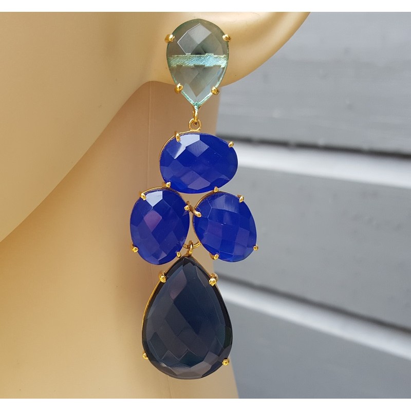 Vergulde oorbellen met Topaas, Chalcedoon en Saffier blauwe quartz