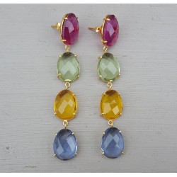 Vergulde oorbellen roze Toermalijn quartz, Citrien, Topaas en groene Amethist quartz