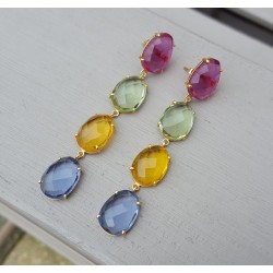 Vergulde oorbellen roze Toermalijn quartz, Citrien, Topaas en groene Amethist quartz