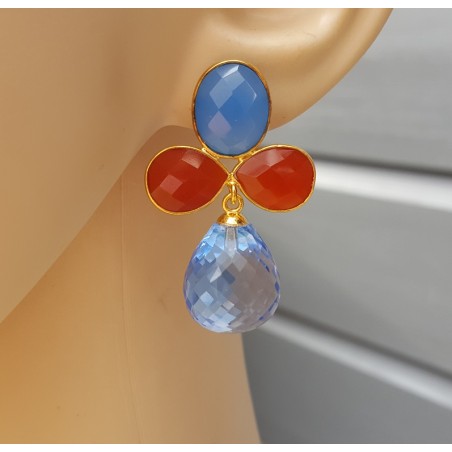 Vergulde oorbellen blauw Chalcedoon, Carneool en blauw Topaas briolet