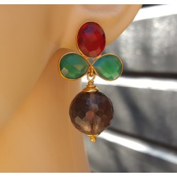 Vergulde oorbellen met Smokey Topaas, groene Onyx en Granaat quartz,